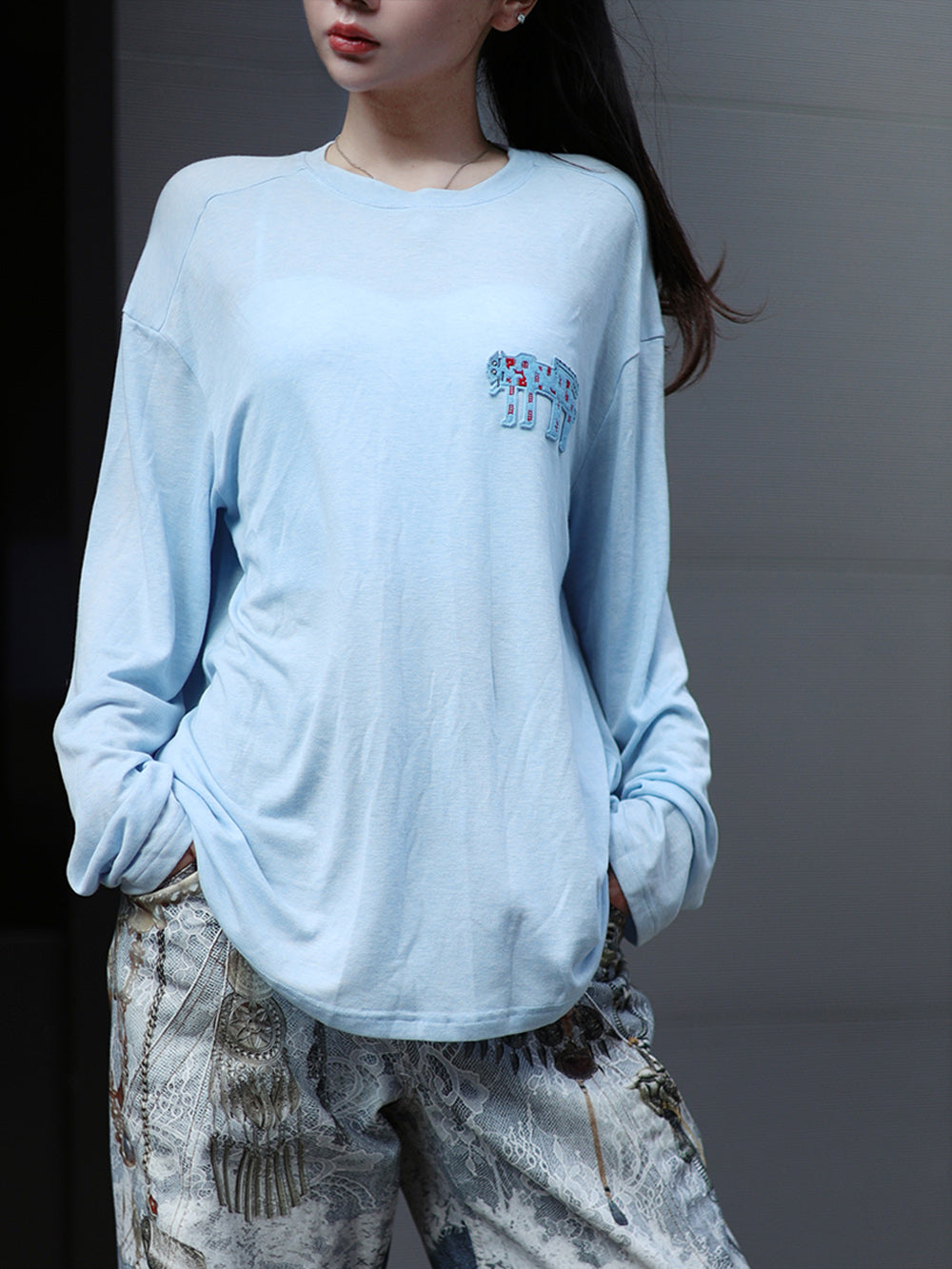 MUKZIN“Realm of Ethereal Mist”Light Blue Elephant Embroidered Loose Long - Sleeve T - shirt