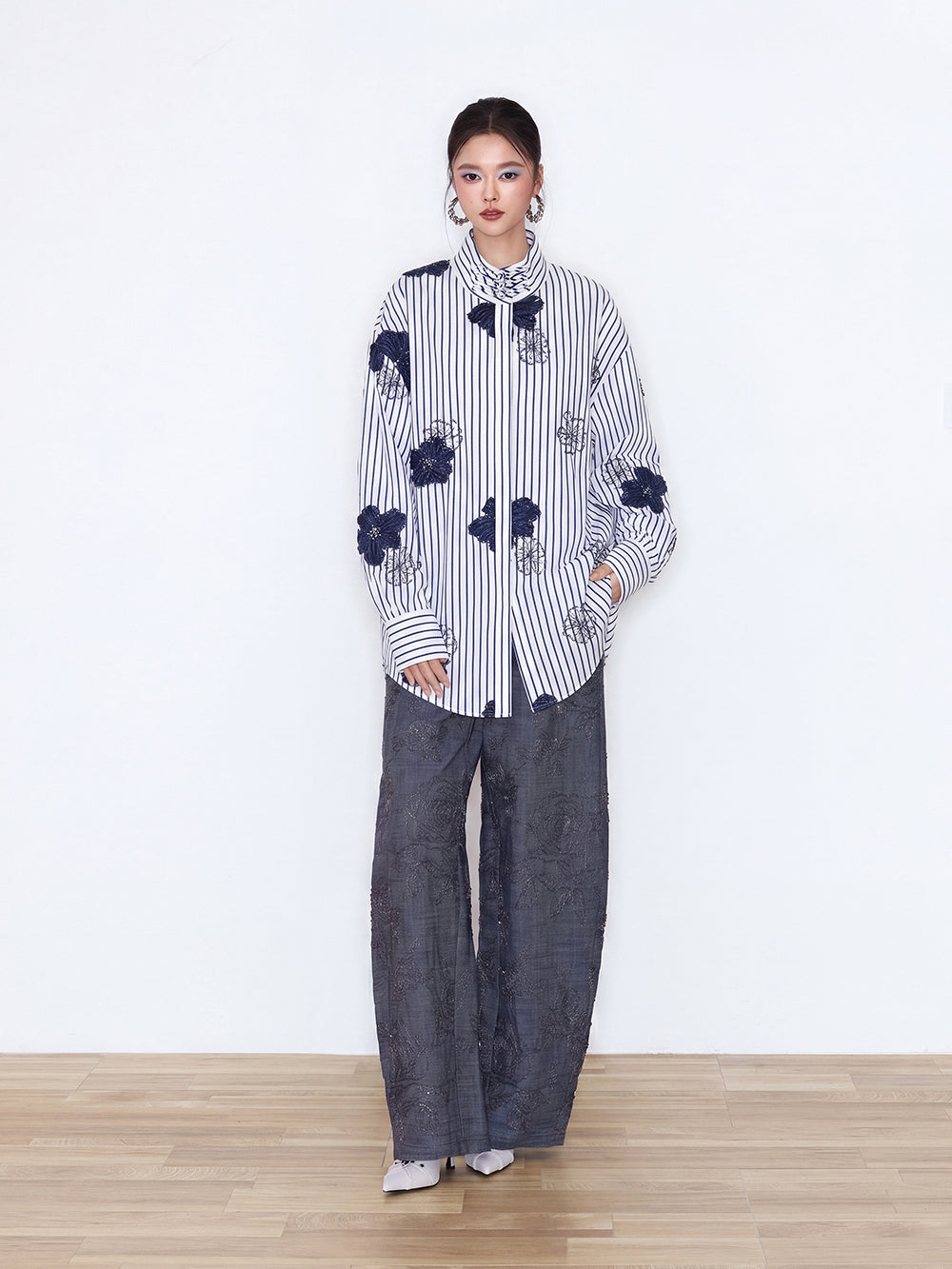 MUKZIN×Capsule Collection New Chinese-Style Embroidered Striped Long Sleeve Shirt