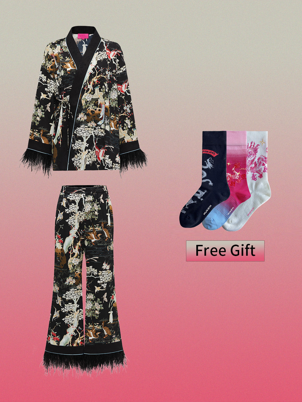MUKZIN Chinese Style Pajama Suit Removable Ostrich Feather High-quality+Socks