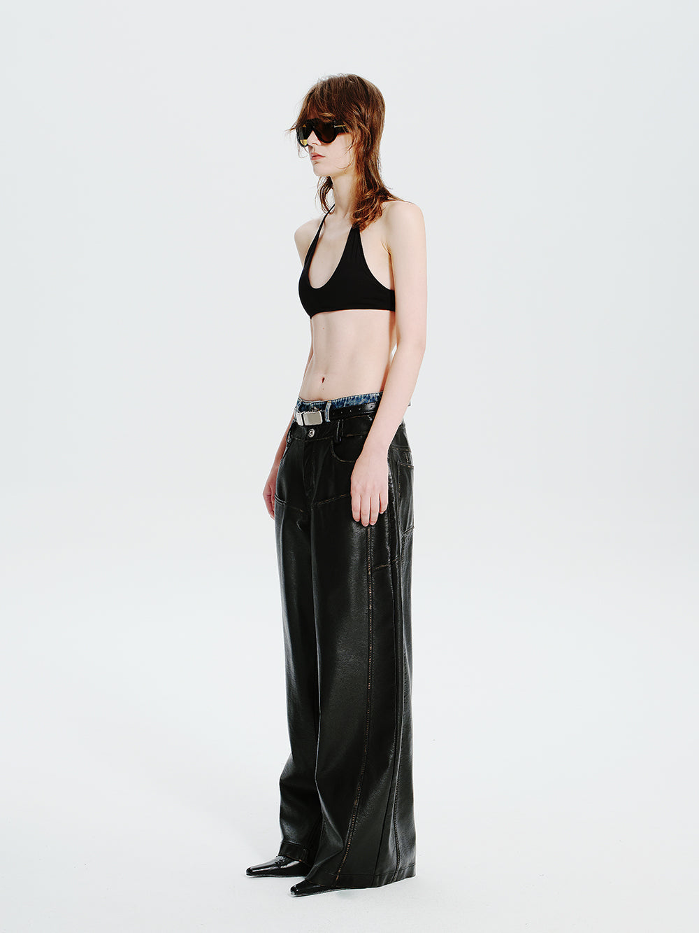 MUKTANK×MODULER Denim-Paneled Heavy-Duty Oversized Leather Pants