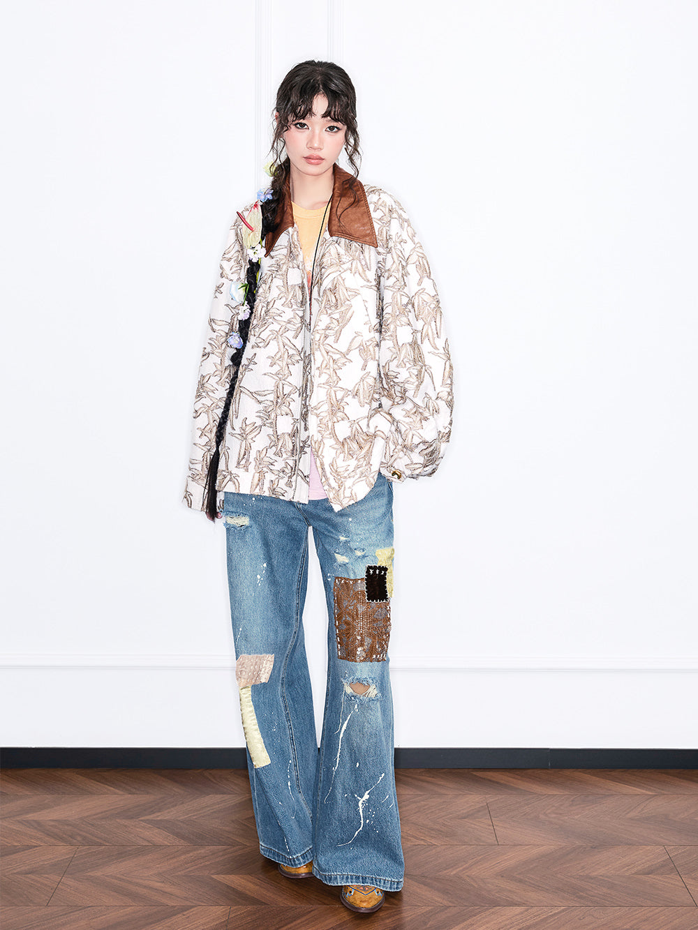 MUKZIN“Realm of Ethereal Mist”Loose Jacket with Plant Pattern, Contrast - Color Collar and Splicing Design