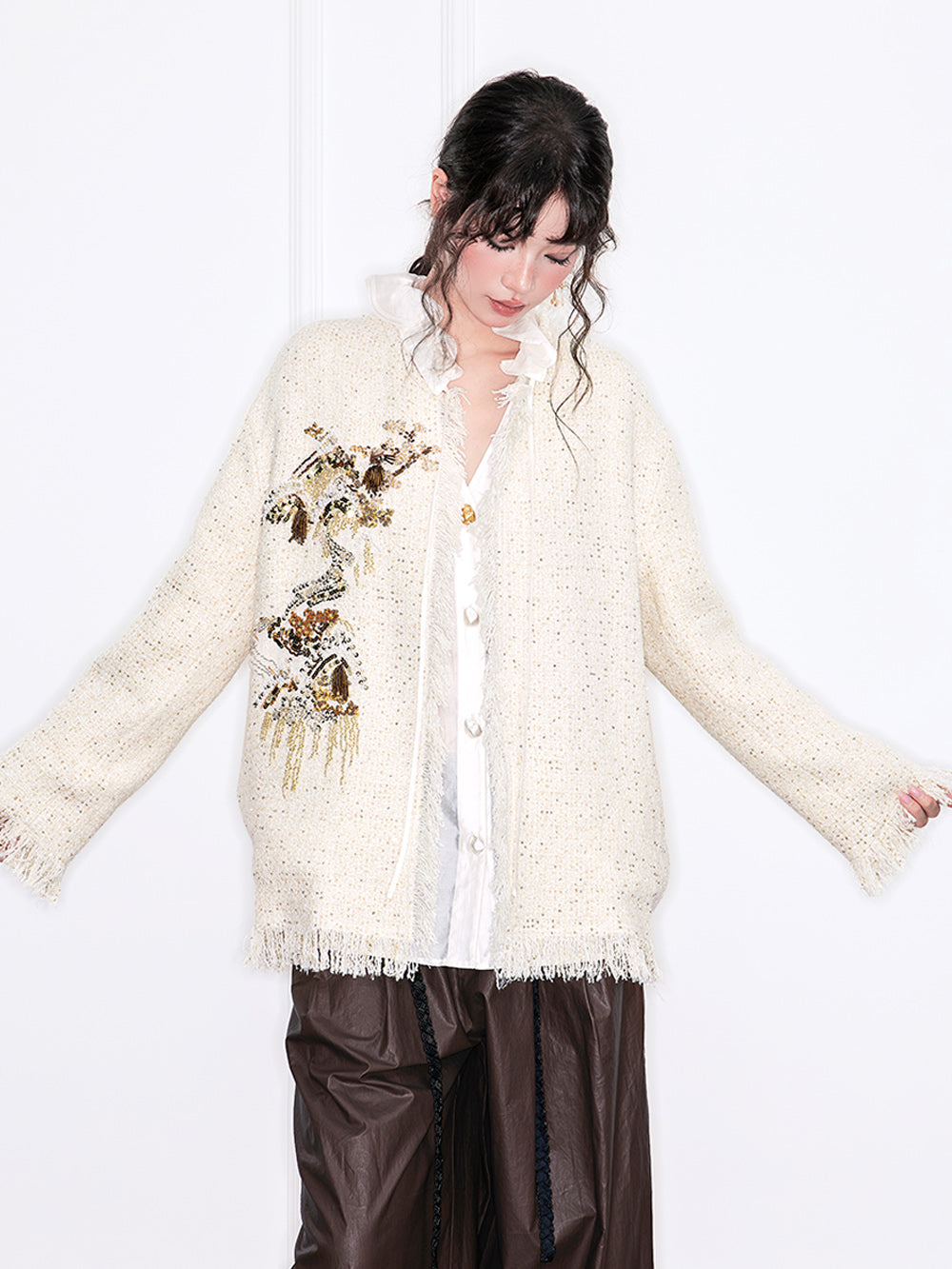 MUKZIN“Realm of Ethereal Mist”Off - White Tweed Cardigan with Sequin Embroidery and Fringes