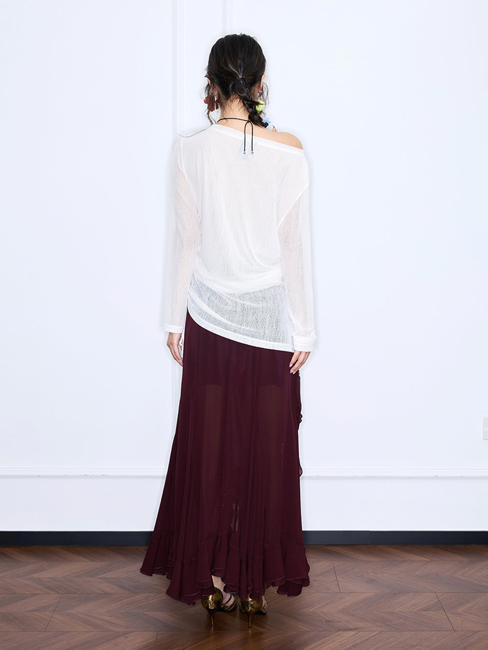 MUKZIN“Realm of Ethereal Mist”Burgundy irregular midi skirt