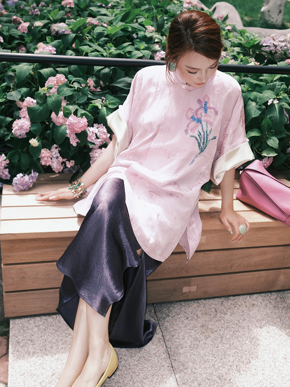 MUKZIN“Capsule Collection”Pink Chinese - style Stand - up Collar Floral Embroidered Loose Top