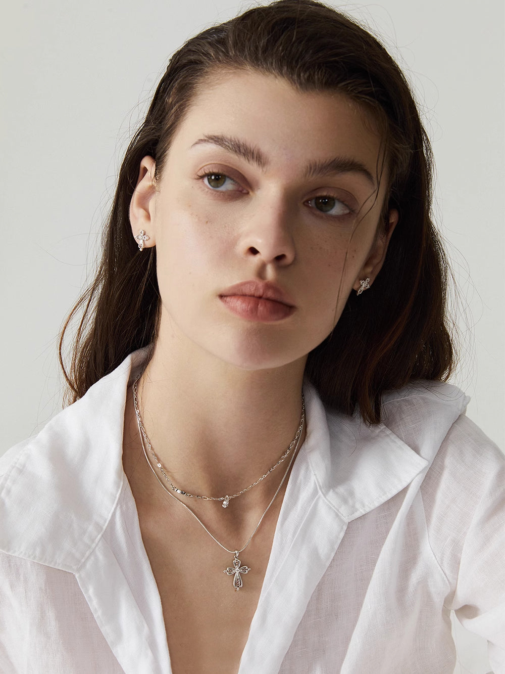 MUKTANK×SUN HUNTER Lace cross double-layer teardrop necklace