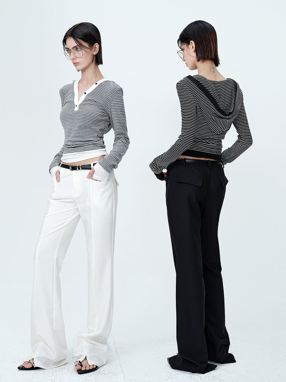 MUKTANK×MODULER Striped hooded V-neck Knitted Top With a Slim Fit and Contrasting Color Splicing