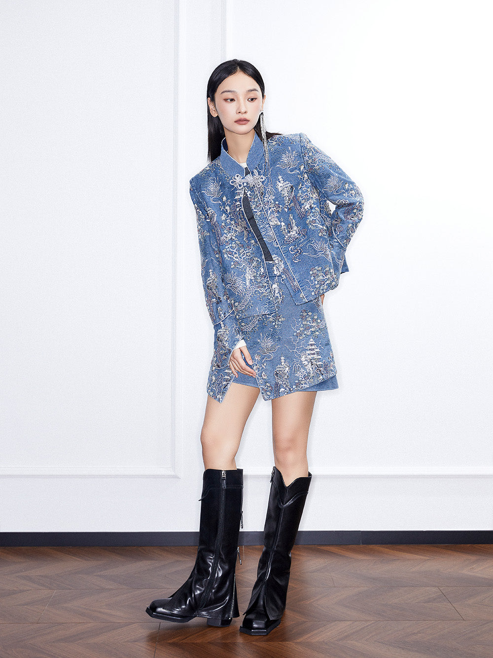 MUKZIN Linglong“Denim Series”Heavy Embellished Sequin Embroidery Asymmetrical Denim Skirt