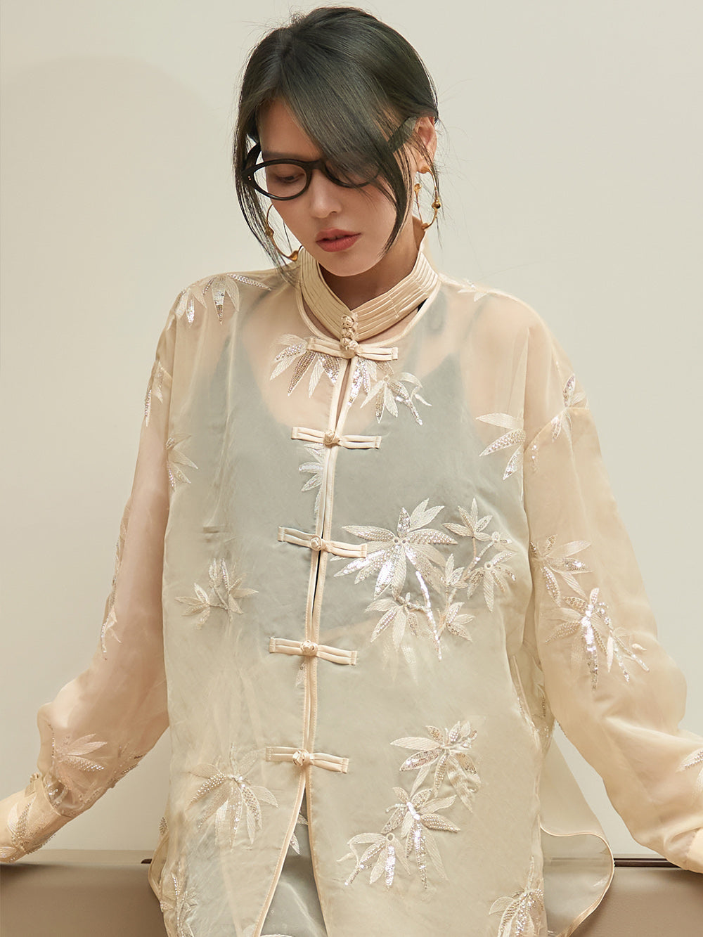 MUKZIN Chinese Style Stand Collar Shirt with Bamboo Leaf Embroidery
