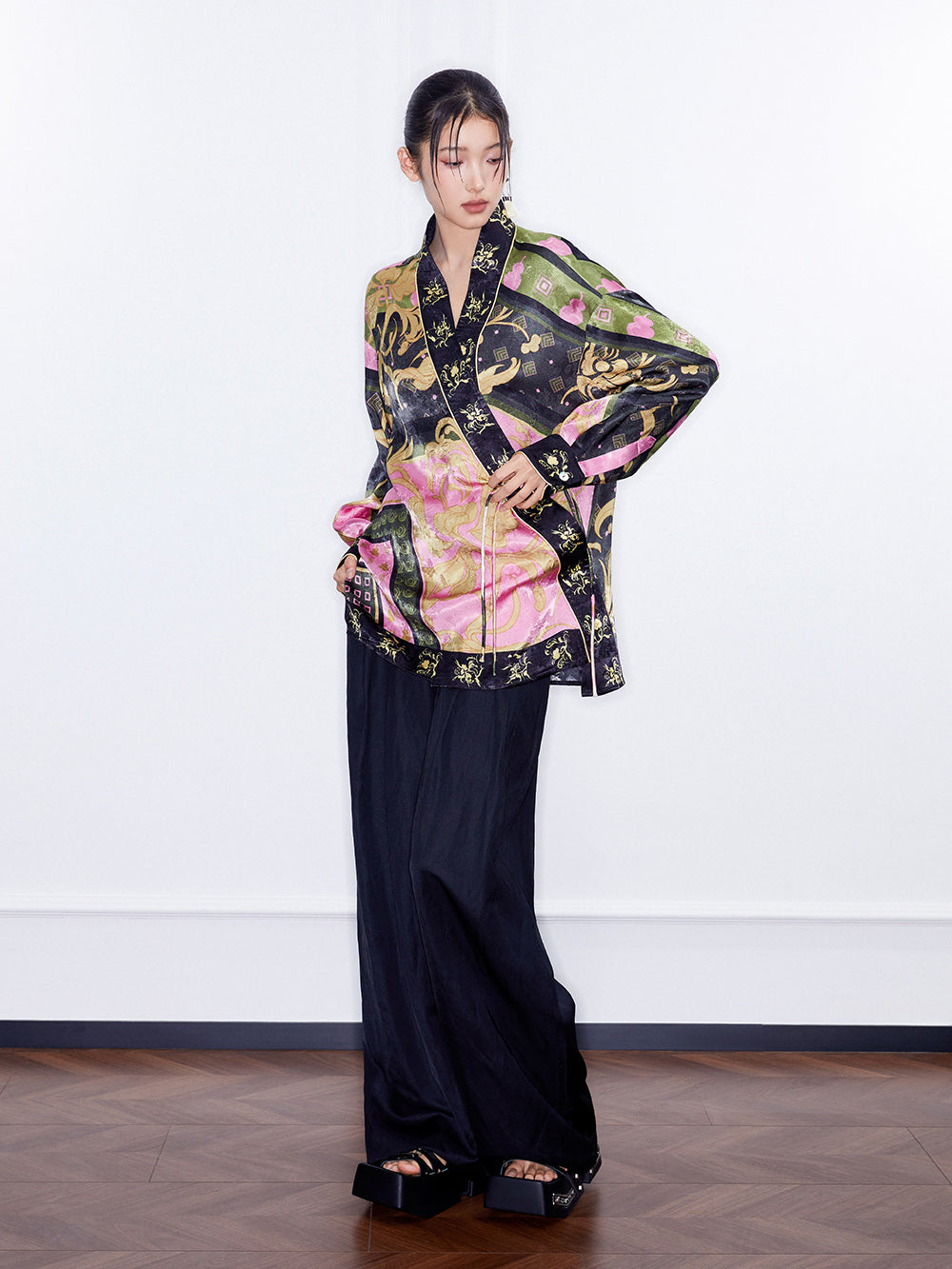 MUKZIN Spring Prelude"Fu Su" Chinese-style Retro Loose Cross-collar Printed Shirt