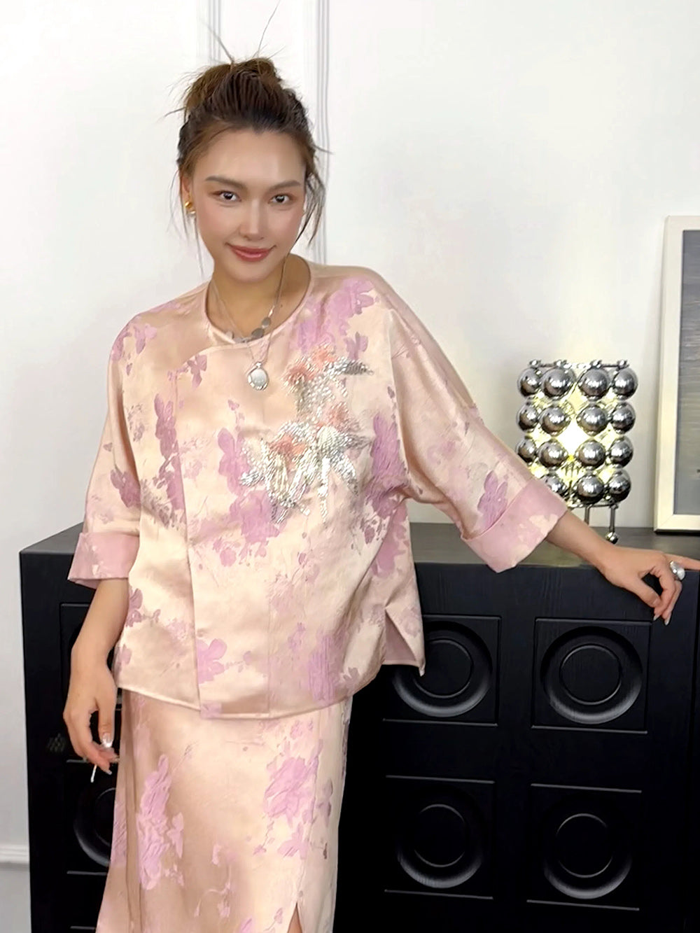 MUKZIN“Capsule Collection”Pink Chinese-style printed cardigan