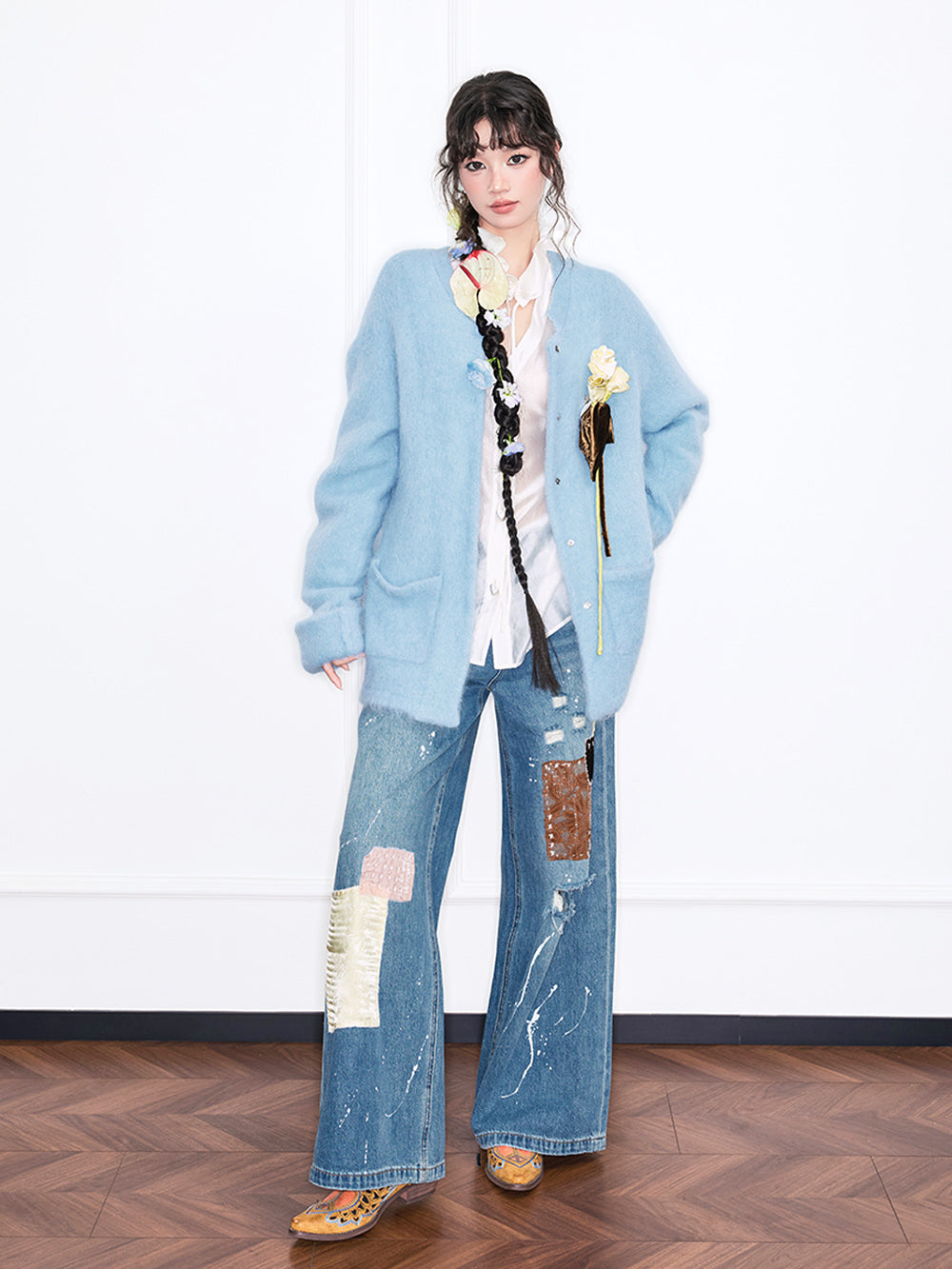 MUKZIN“Realm of Ethereal Mist”Light Blue Fuzzy Cardigan with Floral Decoration