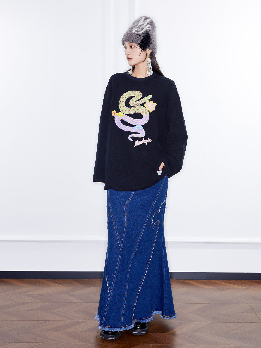 MUKZIN Linglong "Fengqi" Washed Denim Skirt