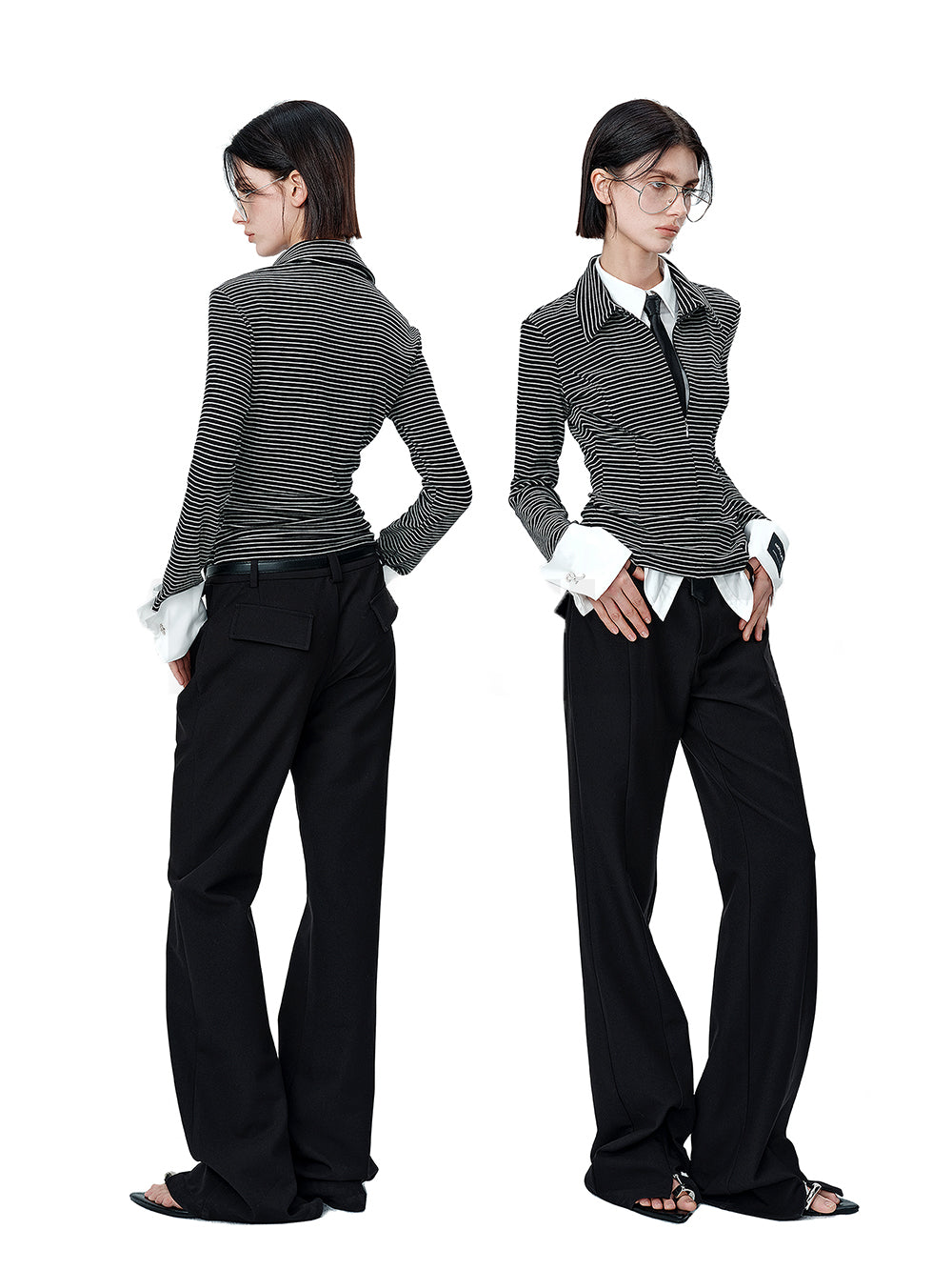 MUKTANK×MODULER Fake Two-piece Shirt with a Striped Henley Top Featuring a Spliced Turned-up Sleeves