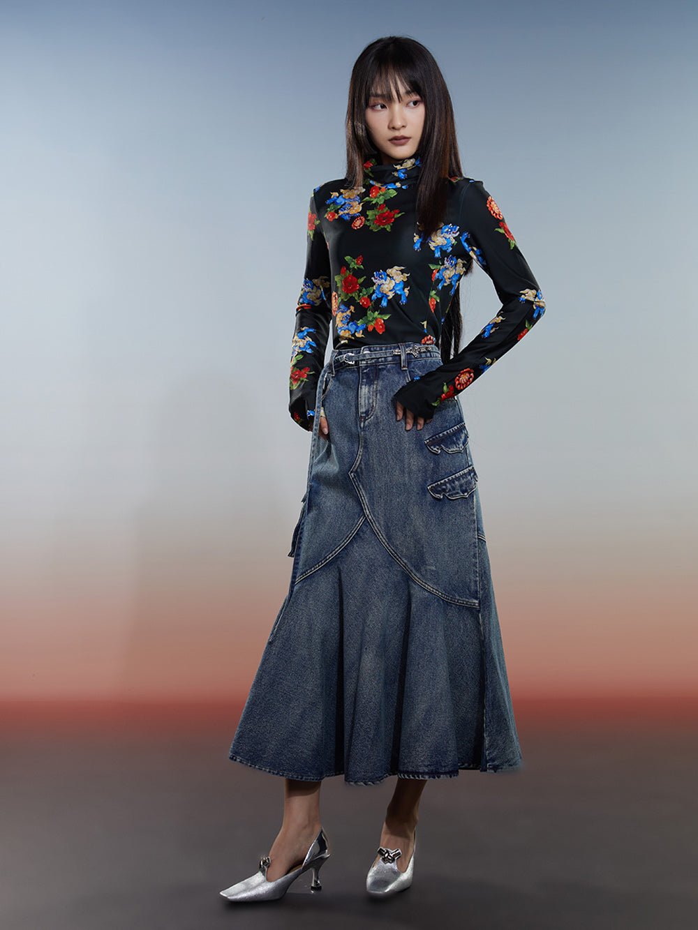 Thickened Fleece-Lined Autumn & Winter National Style Printed Turtleneck Base Shirt