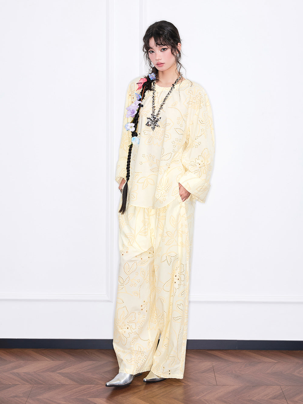 MUKZIN“Realm of Ethereal Mist”Light blue hollow-out wide-leg pants