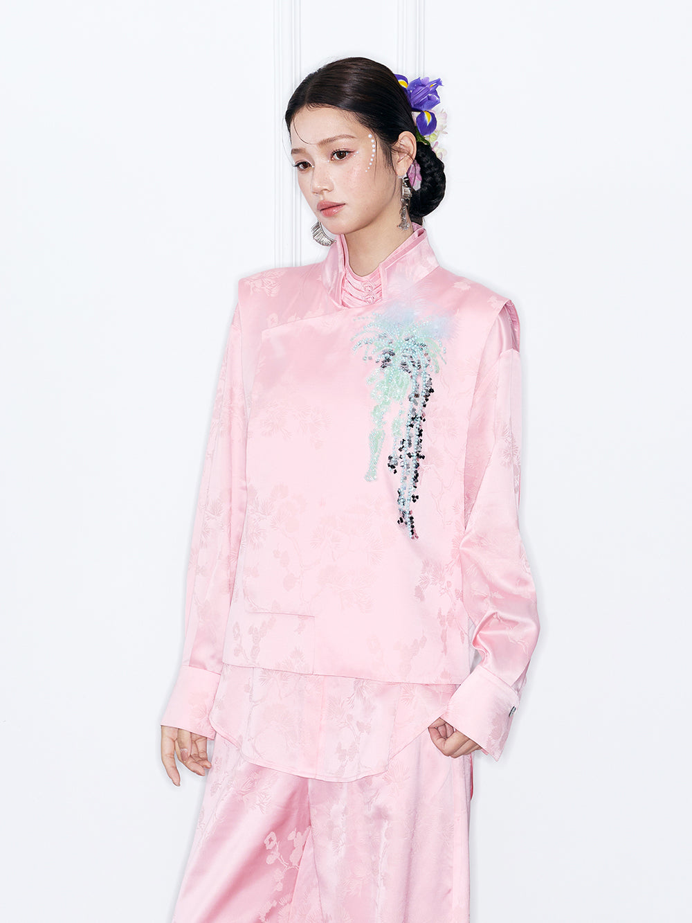 MUKZIN“Capsule Collection”Oriental Style Satin Shirt New Chinese Mandarin Collar Blouse