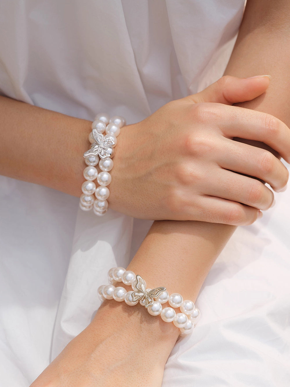 MUKTANK×SUN HUNTER “Emergence”Two-Tone Lace Butterfly Pearl Bracelet