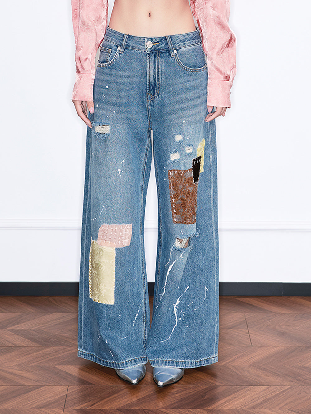 MUKZIN“Realm of Ethereal Mist”Vintage Blue Distressed Wide - Leg Jeans with Patchwork & Paint Splatter