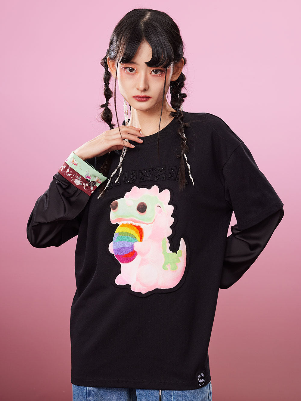 MUKZIN Fake Two-piece 2-color Embroidery School Style All-match T-shirts