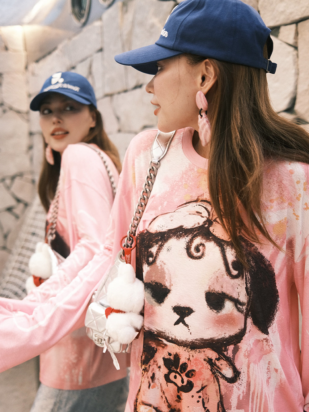 MUKZIN“Capsule Collection”Pink - toned tie - dye style cute dog printed long - sleeve T - shirt