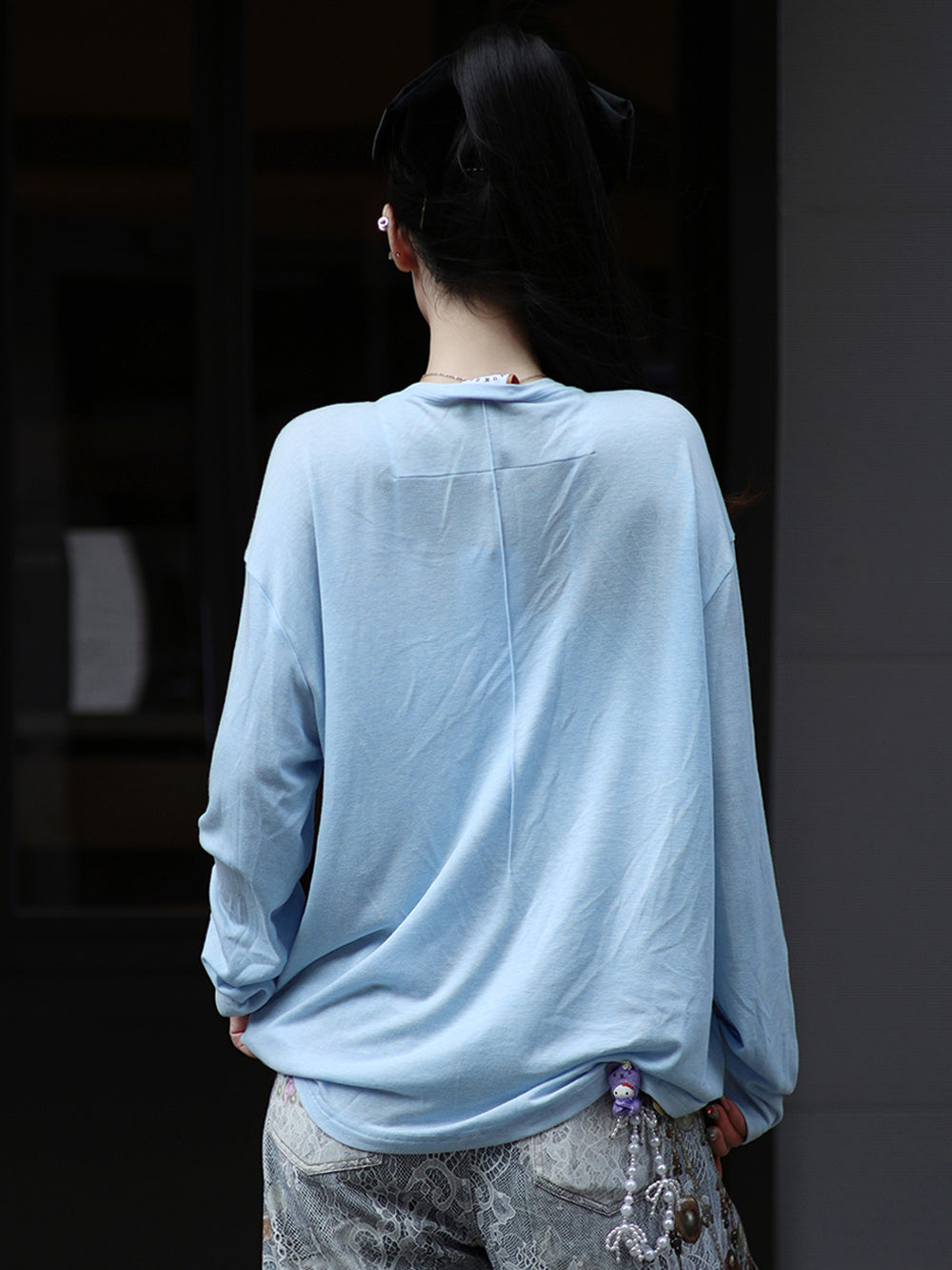 MUKZIN“Realm of Ethereal Mist”Light Blue Elephant Embroidered Loose Long - Sleeve T - shirt
