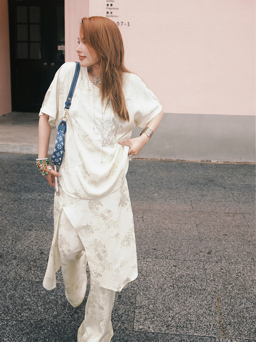 MUKZIN“Capsule Collection”Off - White Jacquard Loose Wide - Leg Pants