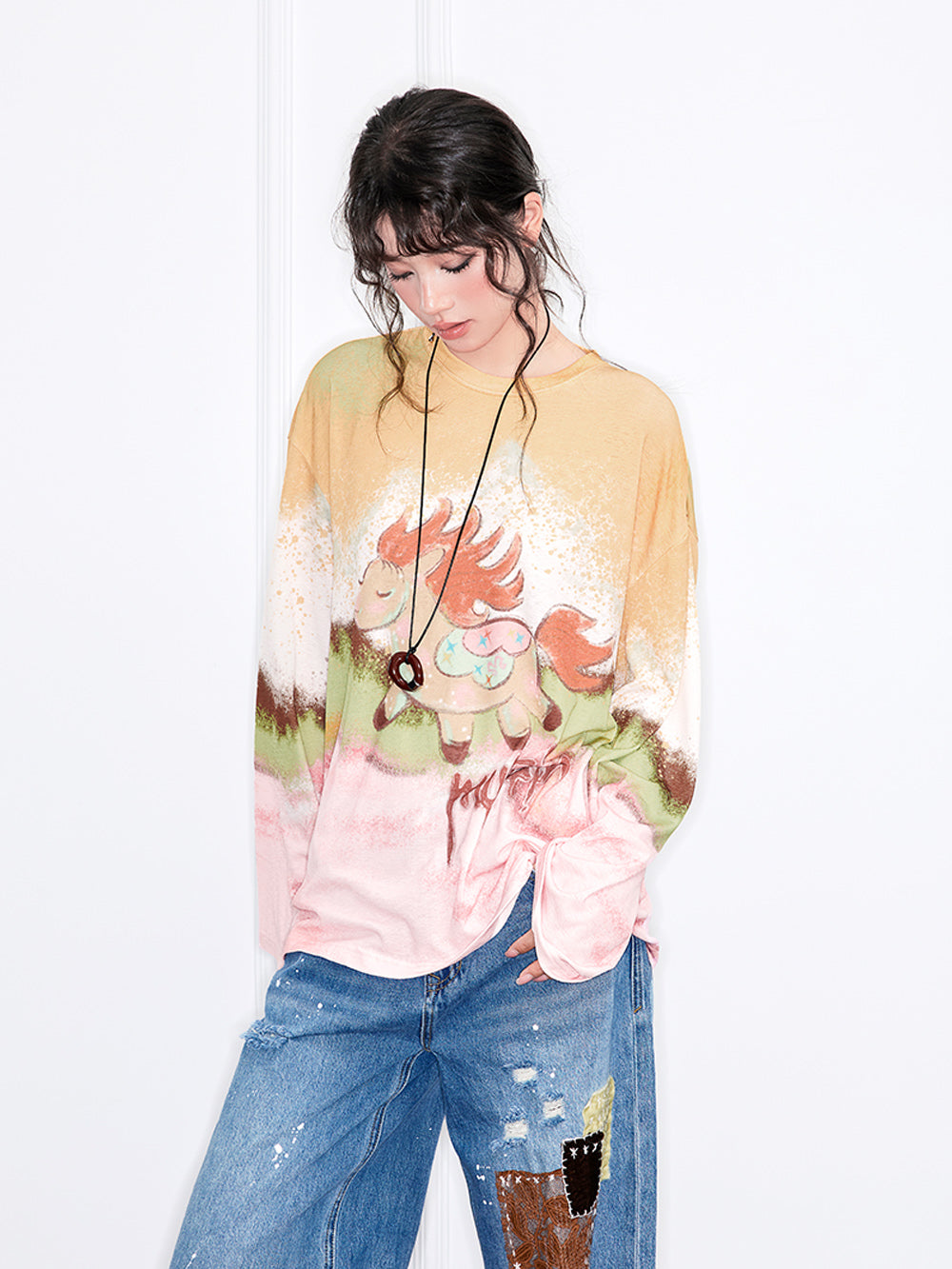 MUKZIN“Realm of Ethereal Mist”Gradient Cartoon Pony Printed Loose Long - Sleeve Top