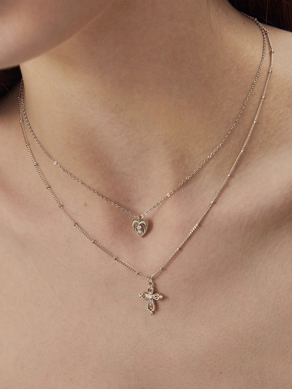 MUKTANK×SUN HUNTERCross and heart double-layer necklace