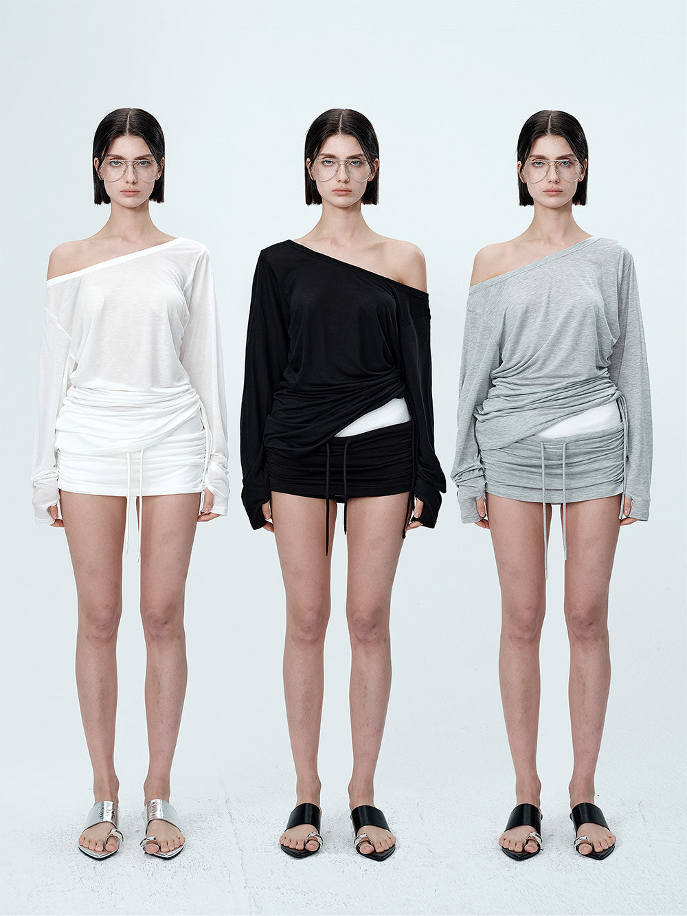 MUKTANK×MODULER Tencel Knitted Top With Stacked, Irregular Pleats And an Off-the-shoulder Design