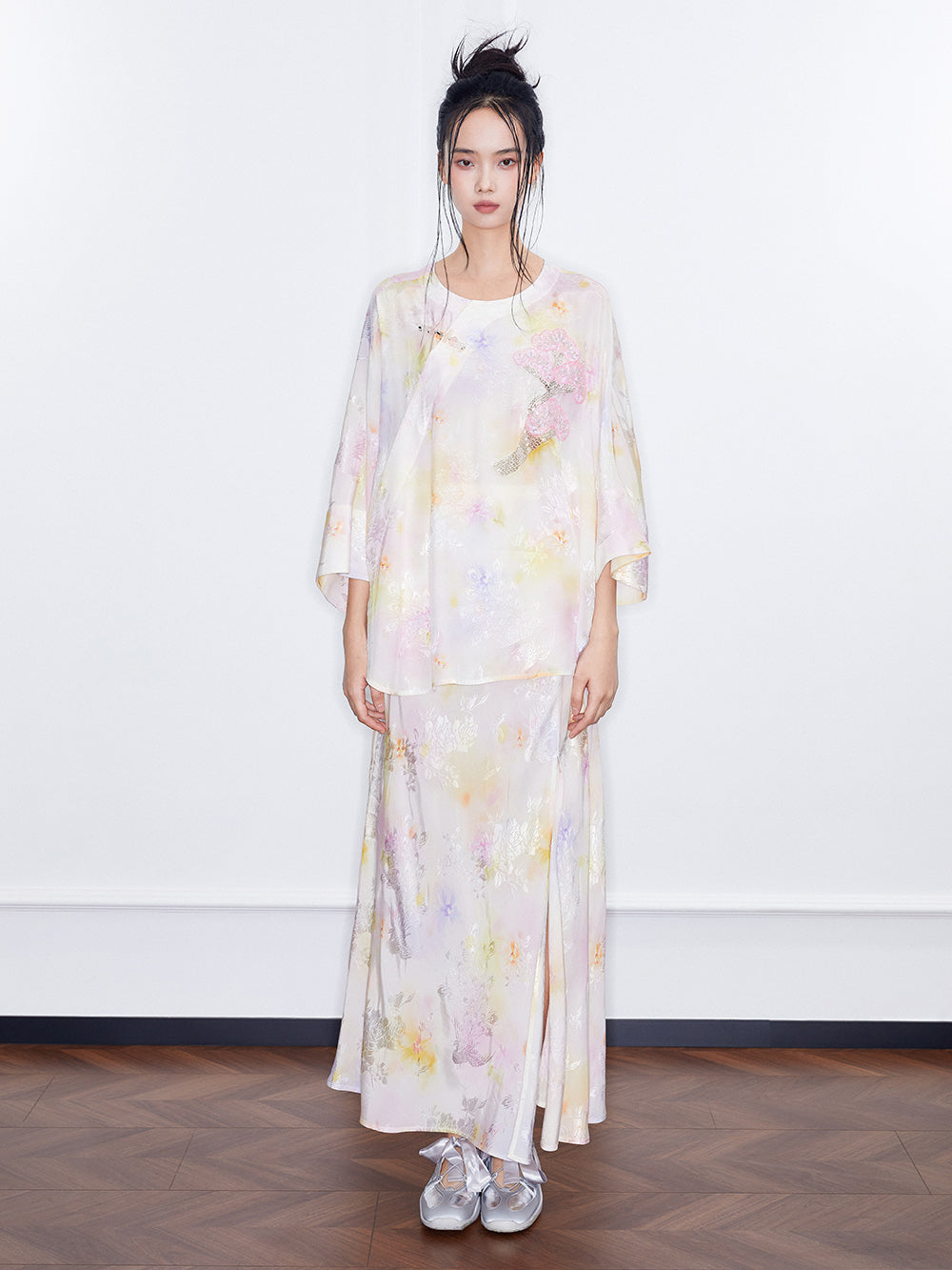 MUKZIN SpringPrelude Spring Mountain Drunk Gradient Printing Side-slit Big A-line Umbrella Skirt