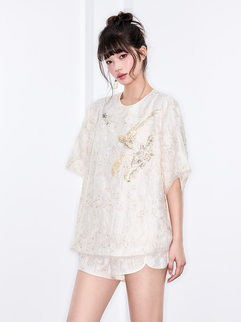 MUKZIN "Ode to the New Summer"Embroidery Sequin National Style Improved Frog Button Loose Chinese-style Short-sleeve Shirt