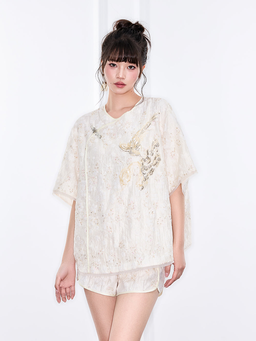 MUKZIN "Ode to the New Summer"Embroidery Sequin National Style Improved Frog Button Loose Chinese-style Short-sleeve Shirt