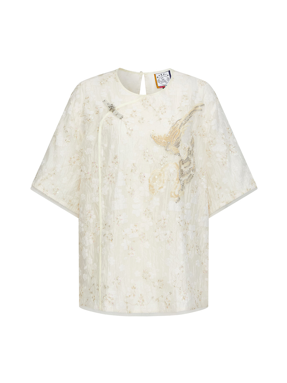 MUKZIN "Ode to the New Summer"Embroidery Sequin National Style Improved Frog Button Loose Chinese-style Short-sleeve Shirt