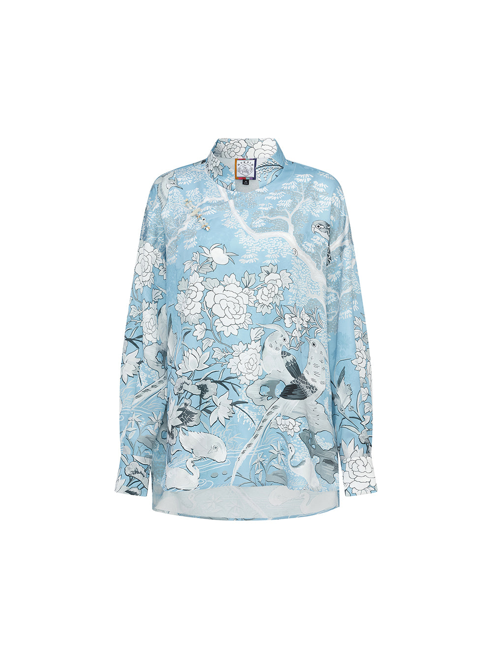 MUKZIN SpringPrelude “Blue Cahe” Loose Stand-up Collar Retro Chinese-style Printed Shirt