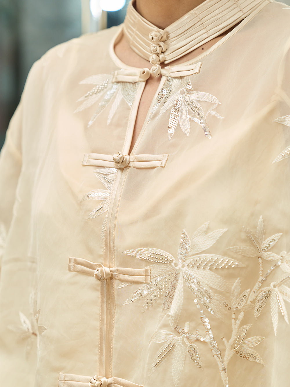 MUKZIN Chinese Style Stand Collar Shirt with Bamboo Leaf Embroidery