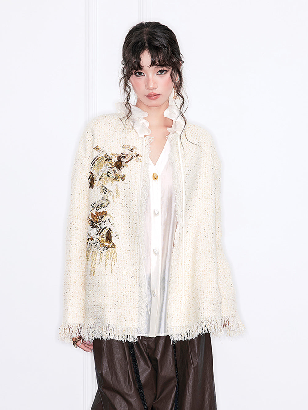 MUKZIN“Realm of Ethereal Mist”Off - White Tweed Cardigan with Sequin Embroidery and Fringes