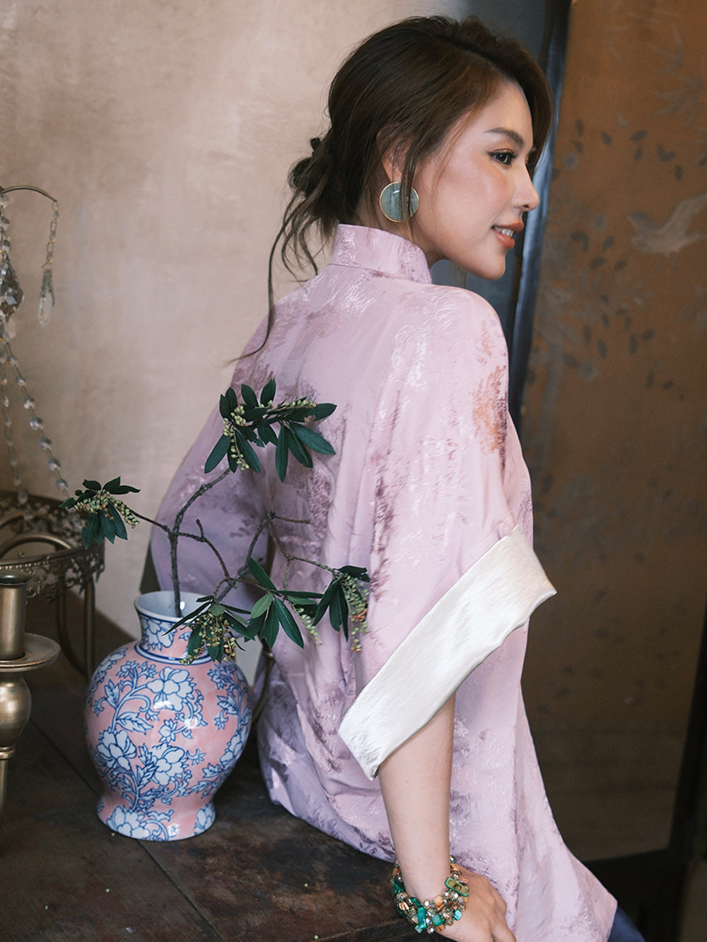 MUKZIN“Capsule Collection”Pink Chinese - style Stand - up Collar Floral Embroidered Loose Top