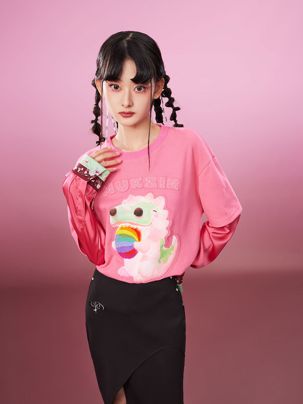 MUKZIN Fake Two-piece 2-color Embroidery School Style All-match T-shirts