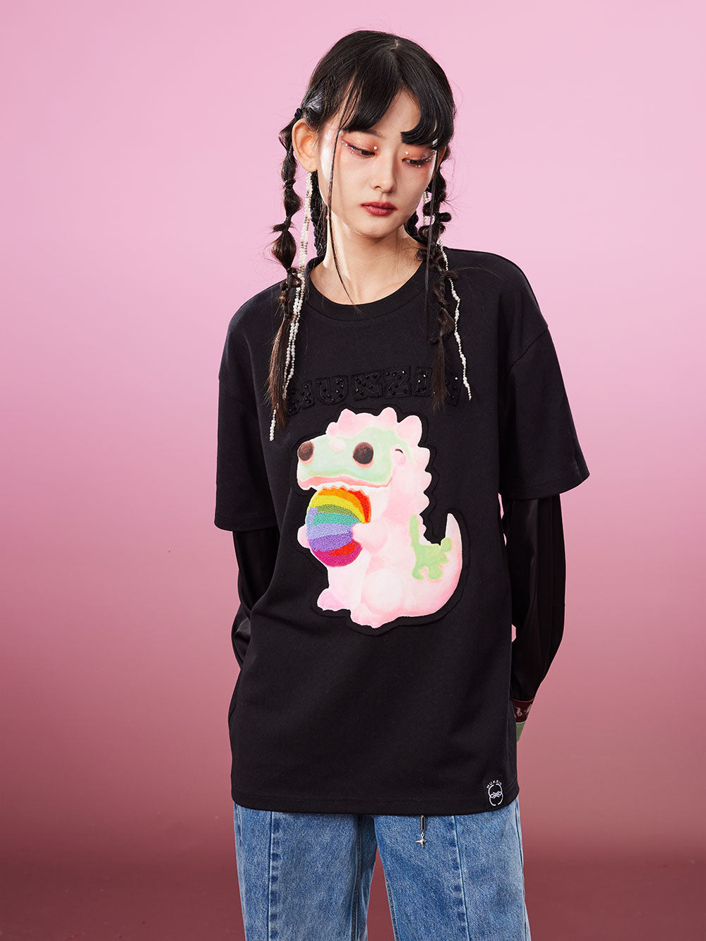 MUKZIN Fake Two-piece 2-color Embroidery School Style All-match T-shirts