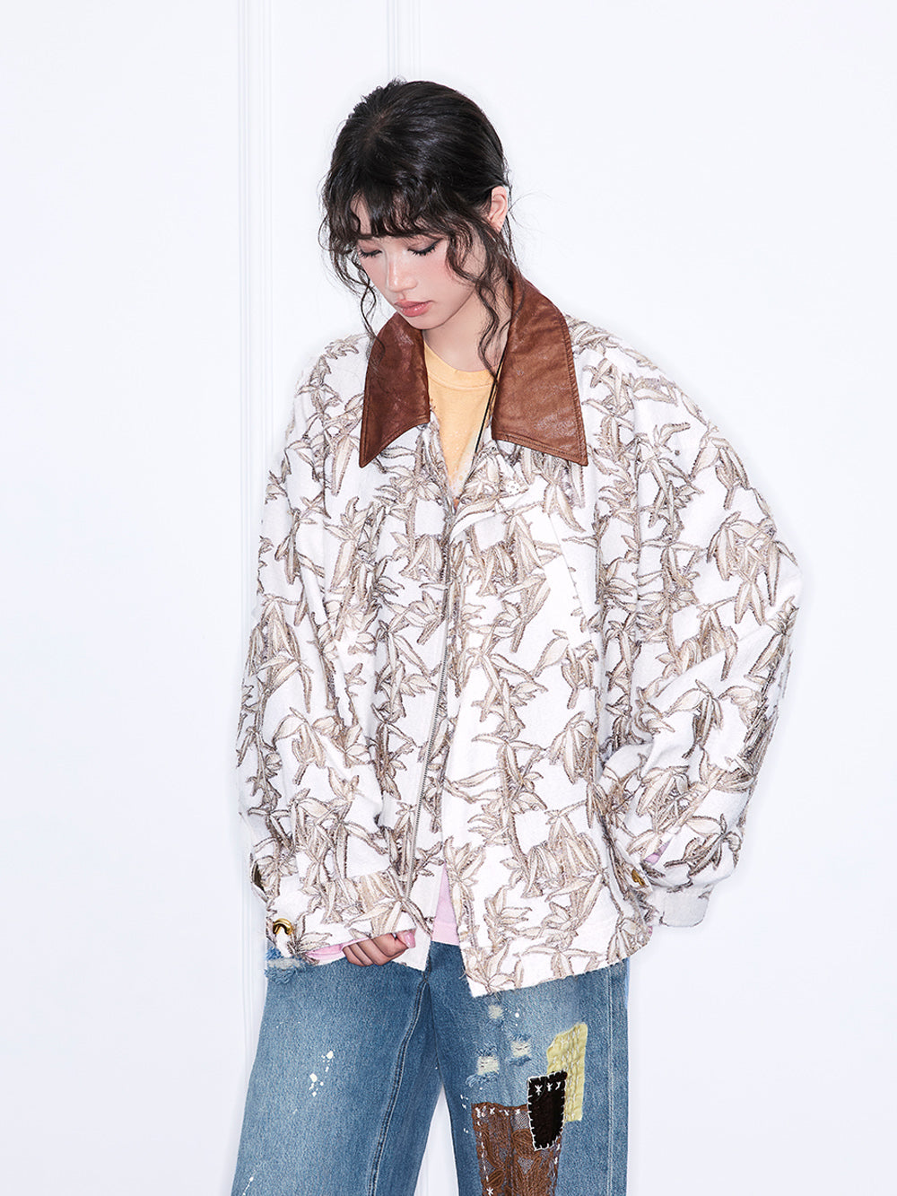 MUKZIN“Realm of Ethereal Mist”Loose Jacket with Plant Pattern, Contrast - Color Collar and Splicing Design