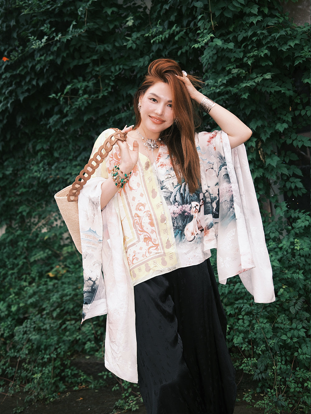 MUKZIN“Capsule Collection”Chinese - Style Artistic Printed Loose - Fit V - Neck Top