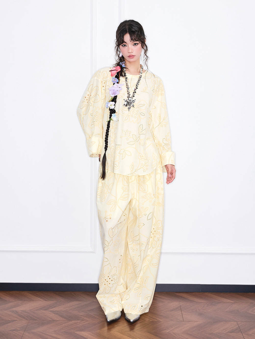MUKZIN“Realm of Ethereal Mist”Light blue hollow-out wide-leg pants