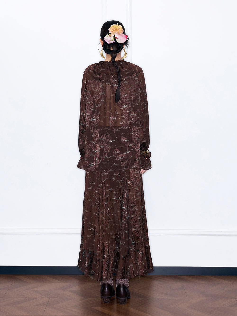 MUKZIN“Capsule Collection”Vintage Brown Sheer Ruffle Blouse | Boho Long Sleeve Top