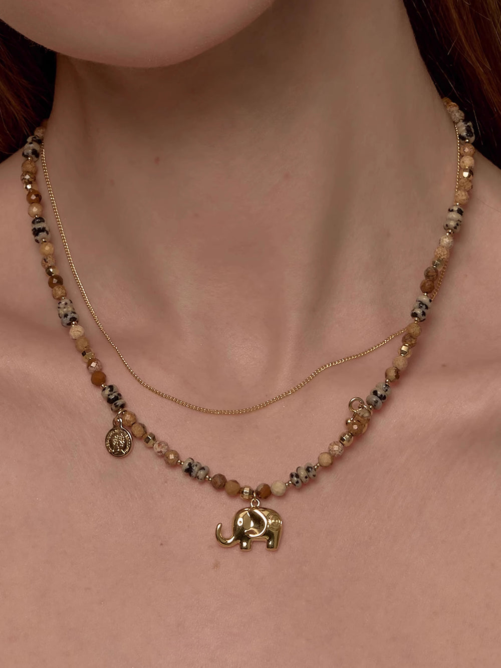 MUKTANK×SUN HUNTER Double-layered Necklace with Little Elephant Design and Speckled Stone