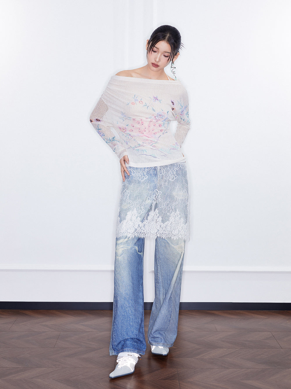 MUKZIN SpringPrelude “Joy of Sparrows” Asymmetric - shoulder Slim - fit Chinese - style Printed Undershirt