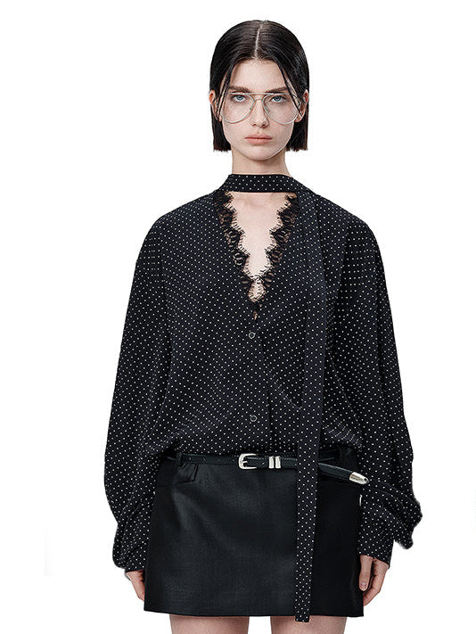 MUKTANK×MODULER Lace-spliced V-neck loose Shirt with Small Polka Dots