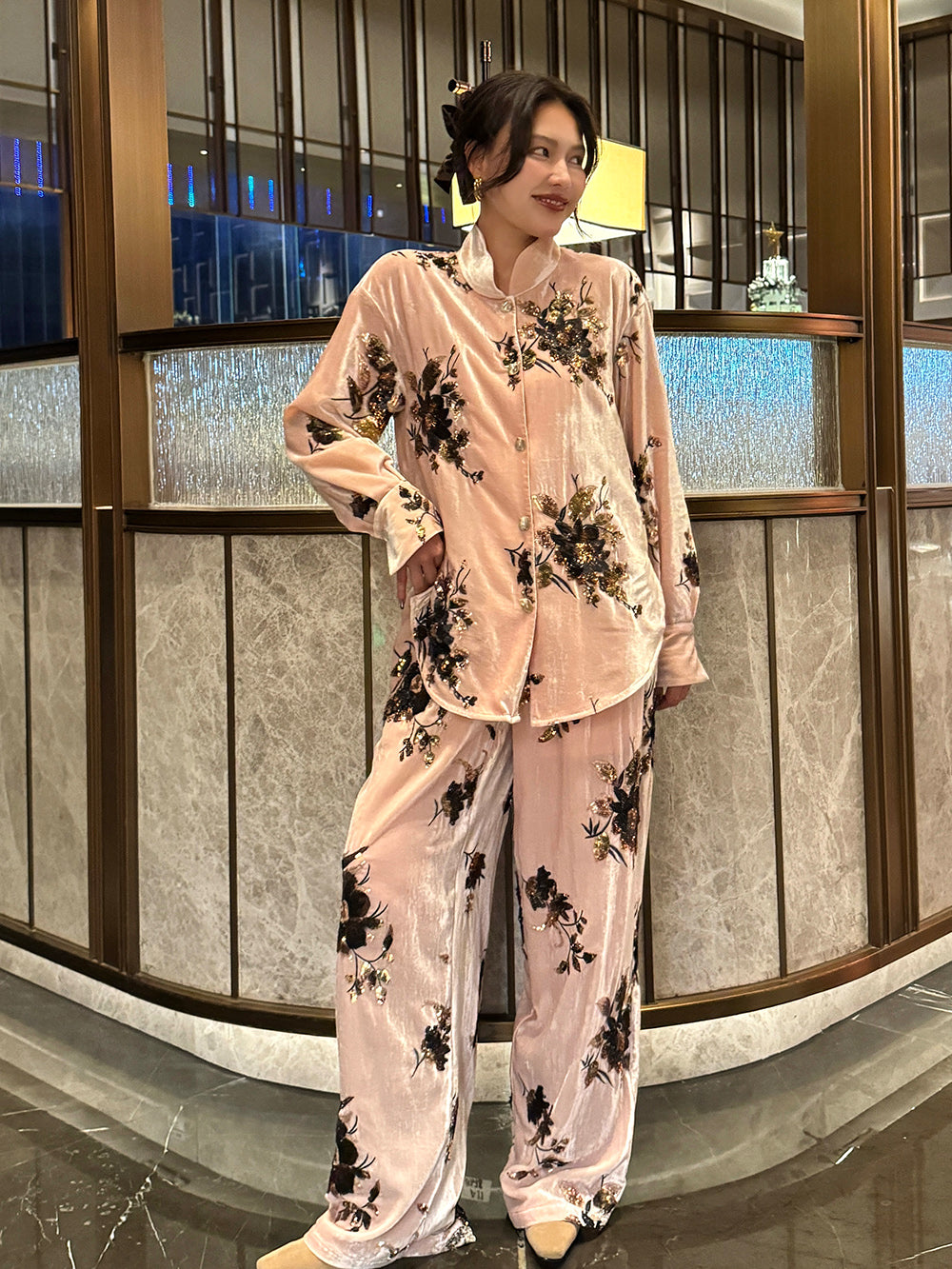 MUKZIN“Capsule Collection”Pink Floral Print Velvet Button-Down Shirt | Oriental Mandarin Collar Long Sleeve Blouse
