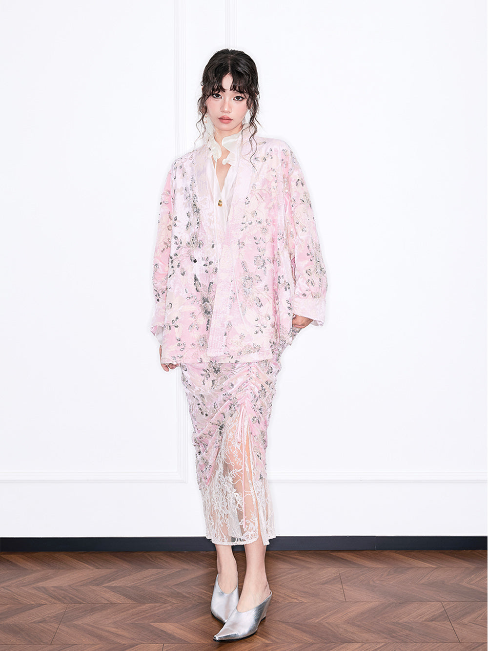 MUKZIN“Realm of Ethereal Mist”Pink Floral Jacquard Loose Cardigan