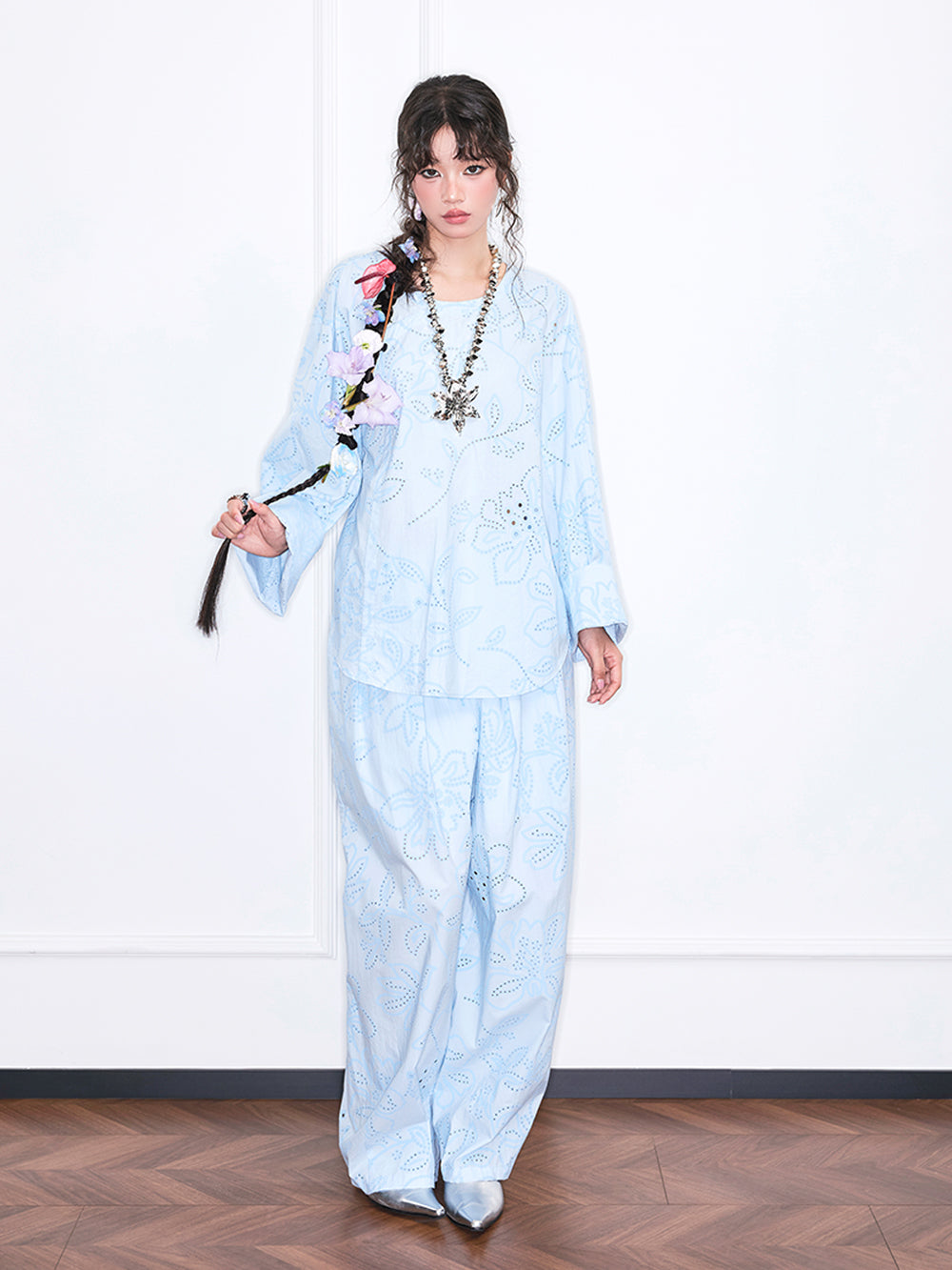MUKZIN“Realm of Ethereal Mist”Light blue hollow-out wide-leg pants