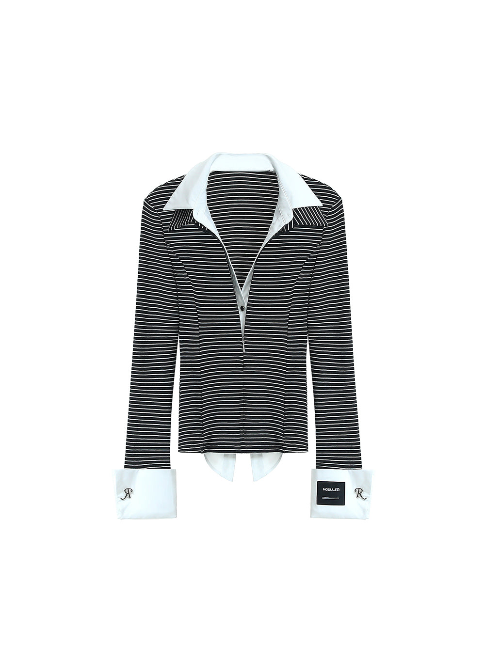MUKTANK×MODULER Fake Two-piece Shirt with a Striped Henley Top Featuring a Spliced Turned-up Sleeves